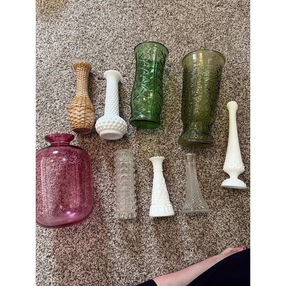 Vintage Vases, 1 Fenton, 1 Pilgrim Glass, 3 EO Brody, 1 Anchor Hocking, 1 Napco